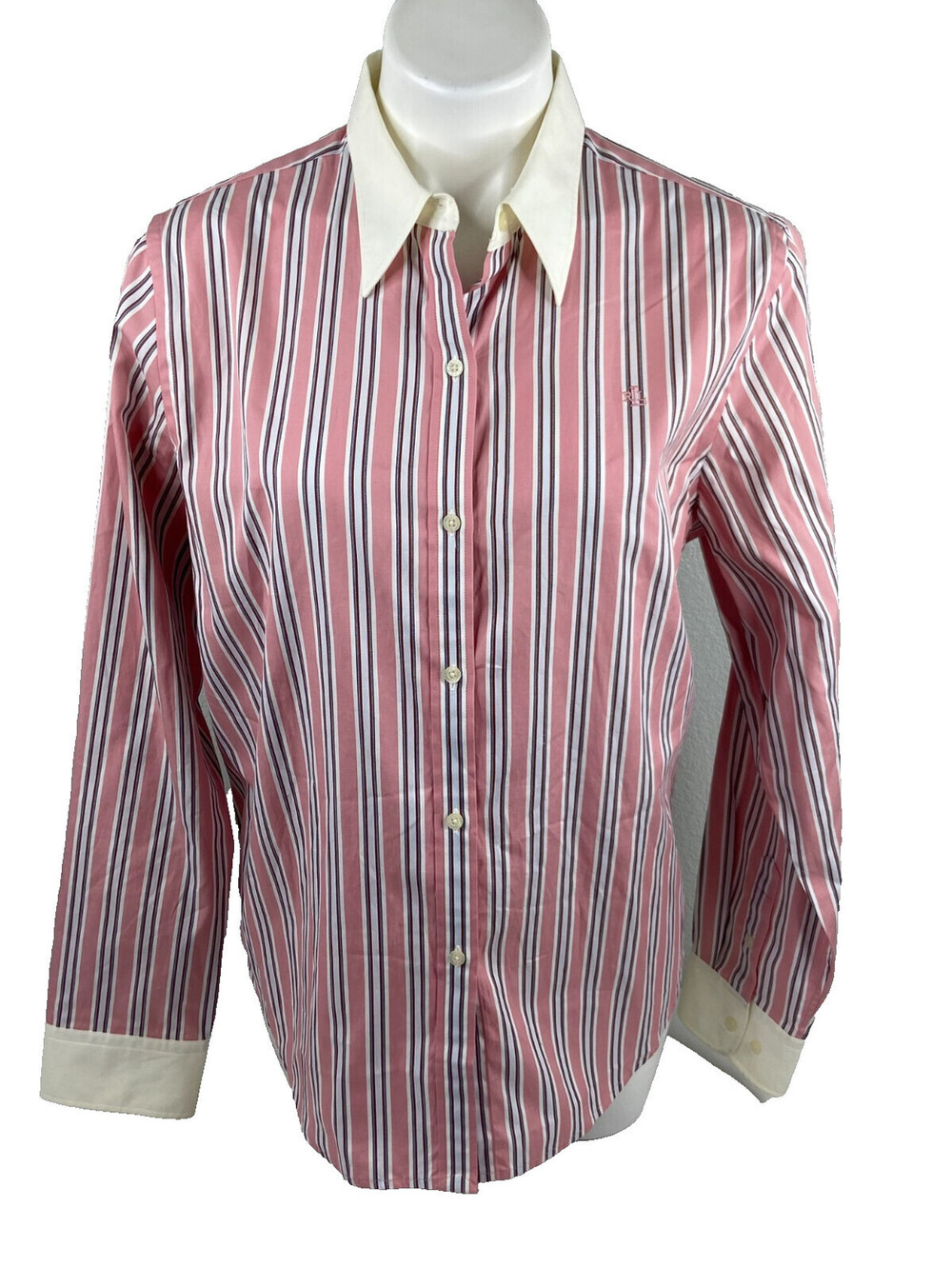 Ralph Lauren Women Large Pink Stripe Button Front Blouse Shirt Casual Business